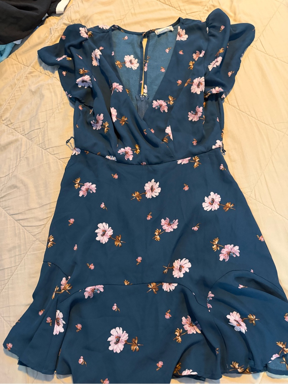 Altar'd State Teal Blue Floral Wrap Midi Dress with Pink Blooms
